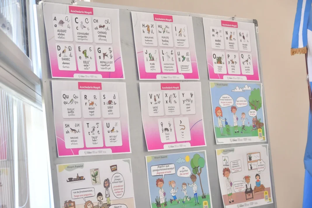 Láminas bilingües y carteles del Acechediario Moqoit exhibidos en un panel