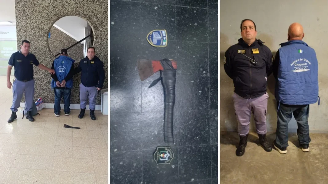 Policías custodian a un detenido y exhiben un hacha casera en Casa de Gobierno