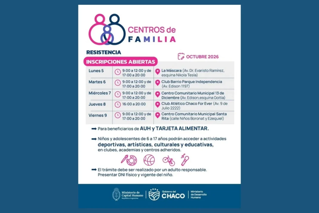 Afiche de los Centros de Familia con inscripciones abiertas en Resistencia