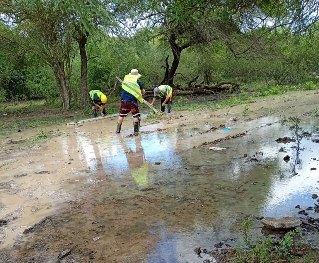 Operarios trabajan en una zona anegada durante la reparación del acueducto Wichí-El Pintado